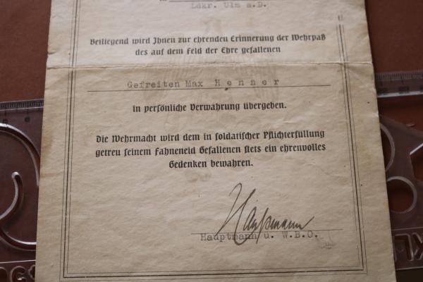 Old handover card for the military record of the fallen son - Ulm - 1942
